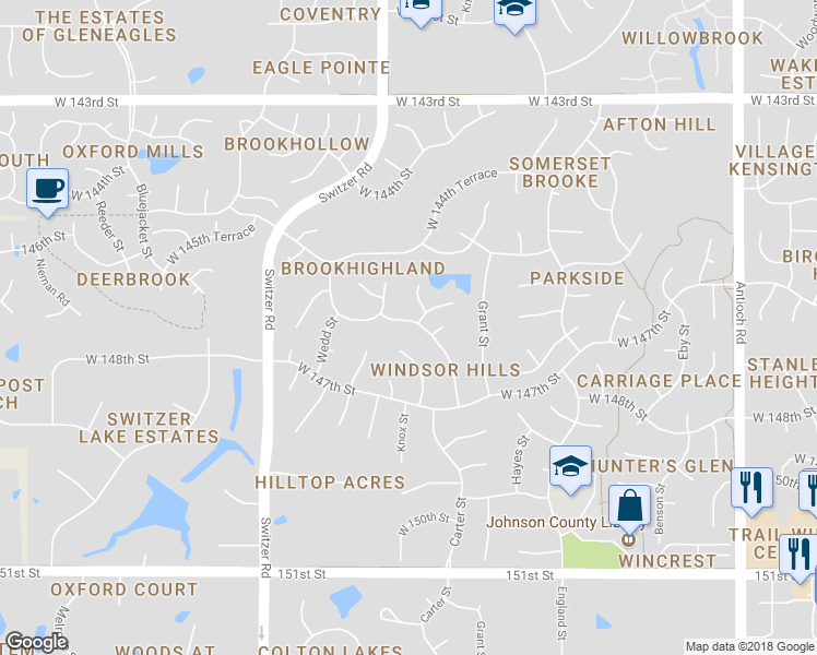 map of restaurants, bars, coffee shops, grocery stores, and more near 9541 West 146th Street in Overland Park