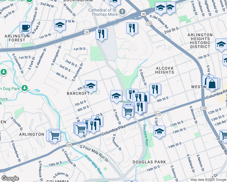 map of restaurants, bars, coffee shops, grocery stores, and more near 4201 7th Road South in Arlington