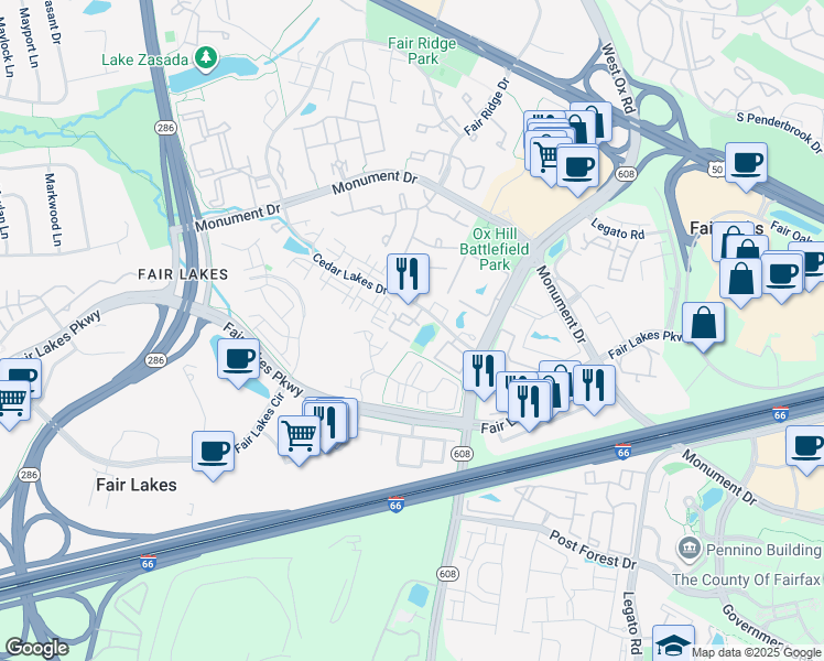 map of restaurants, bars, coffee shops, grocery stores, and more near 4330 Cannon Ridge Court in Fairfax