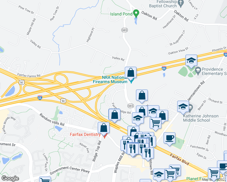 map of restaurants, bars, coffee shops, grocery stores, and more near 11305 Aristotle Drive in Fairfax