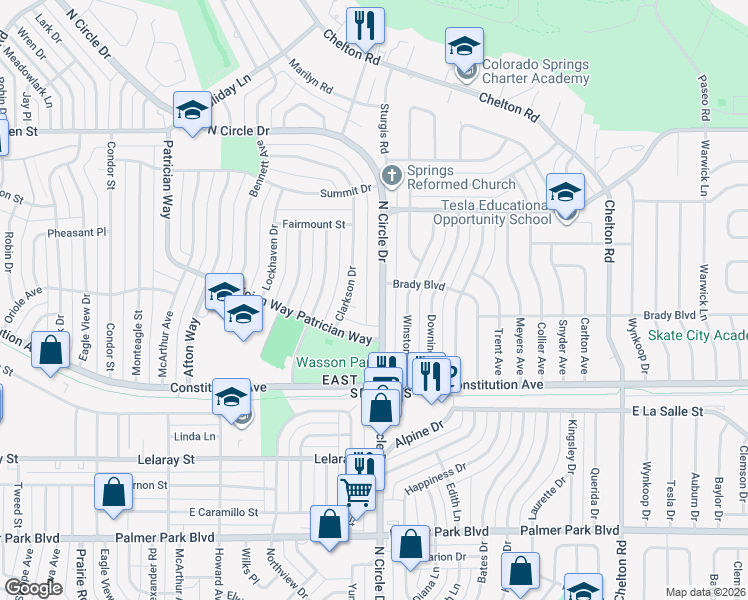 map of restaurants, bars, coffee shops, grocery stores, and more near 2119 Clarkson Circle in Colorado Springs