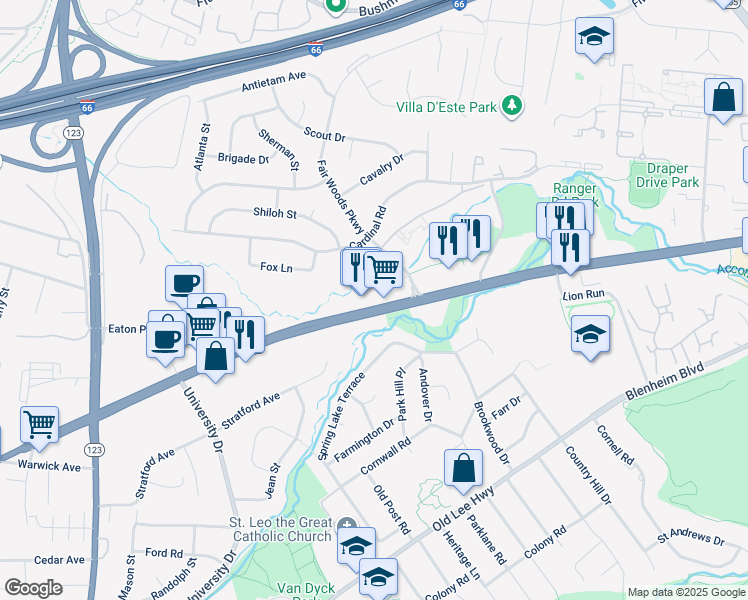 map of restaurants, bars, coffee shops, grocery stores, and more near 10140 Fairfax Boulevard in Fairfax