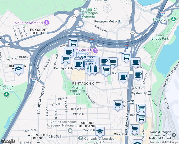 map of restaurants, bars, coffee shops, grocery stores, and more near 1363 South Hayes Street in Arlington