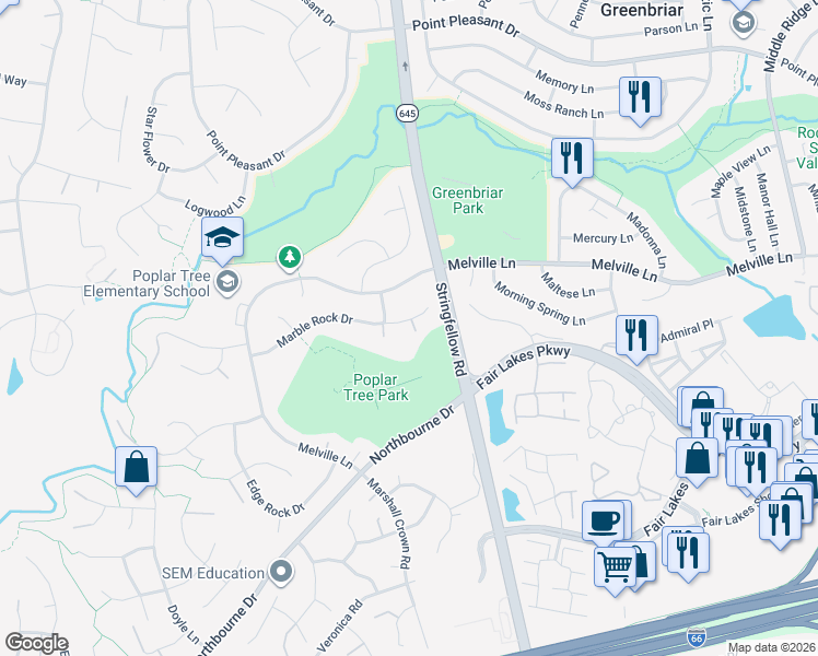 map of restaurants, bars, coffee shops, grocery stores, and more near 13413 Marble Rock Drive in Chantilly