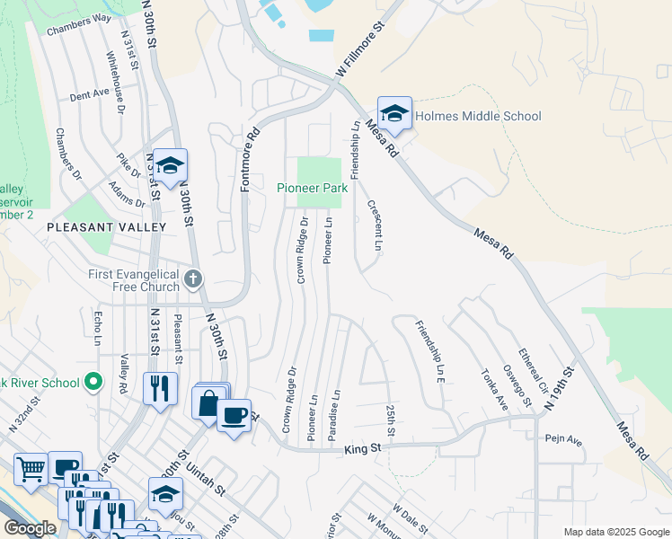 map of restaurants, bars, coffee shops, grocery stores, and more near 1001 Pioneer Lane in Colorado Springs