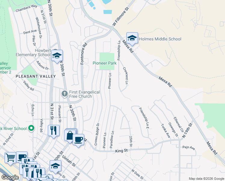 map of restaurants, bars, coffee shops, grocery stores, and more near 1001 Pioneer Lane in Colorado Springs