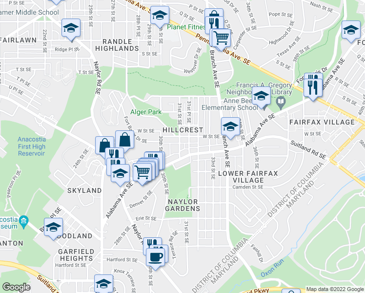 map of restaurants, bars, coffee shops, grocery stores, and more near 2218 31st St SE in Washington