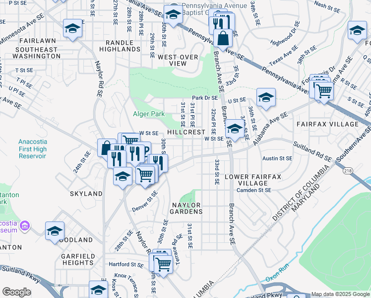 map of restaurants, bars, coffee shops, grocery stores, and more near 2218 31st Street Southeast in Washington