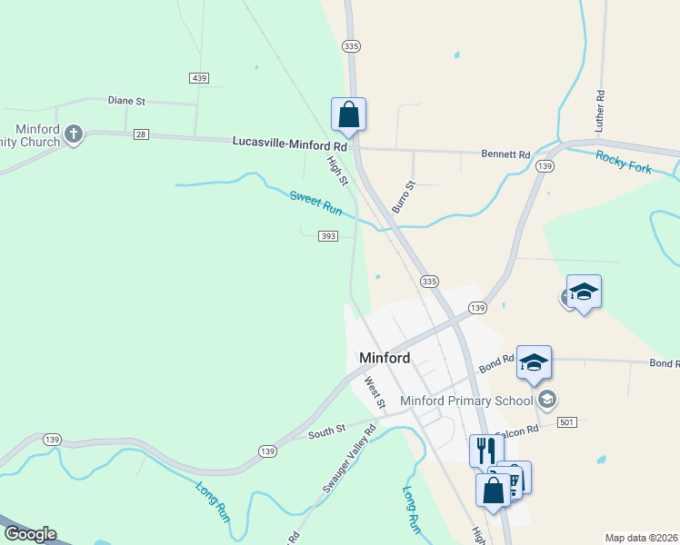 map of restaurants, bars, coffee shops, grocery stores, and more near 835 High Street in Minford
