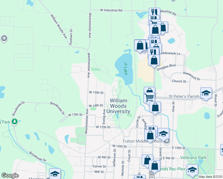 map of restaurants, bars, coffee shops, grocery stores, and more near 1 University Avenue in Fulton