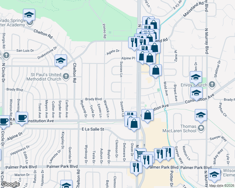 map of restaurants, bars, coffee shops, grocery stores, and more near 3630 Brady Boulevard in Colorado Springs