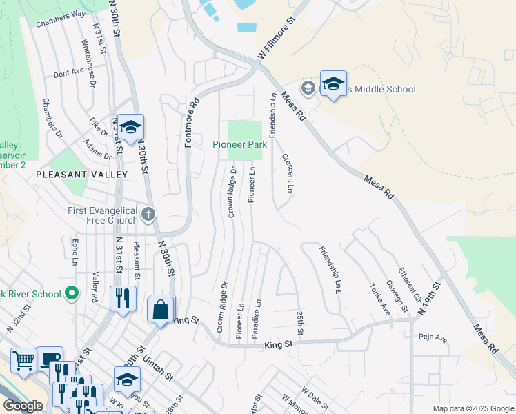 map of restaurants, bars, coffee shops, grocery stores, and more near 1001 Pioneer Lane in Colorado Springs