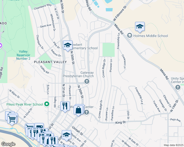 map of restaurants, bars, coffee shops, grocery stores, and more near 2906 Garden Hill Drive in Colorado Springs