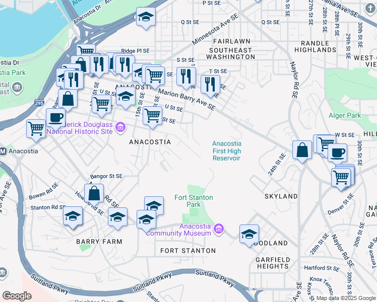 map of restaurants, bars, coffee shops, grocery stores, and more near 1753 West Street Southeast in Washington