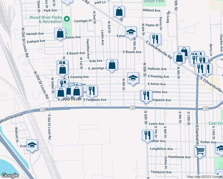 map of restaurants, bars, coffee shops, grocery stores, and more near 309 East Lorena Avenue in Wood River