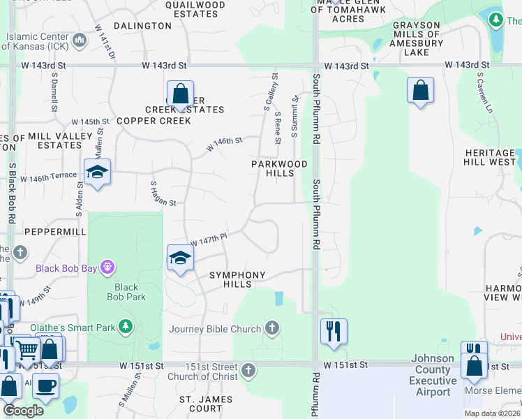 map of restaurants, bars, coffee shops, grocery stores, and more near 13997 West 147th Street in Olathe
