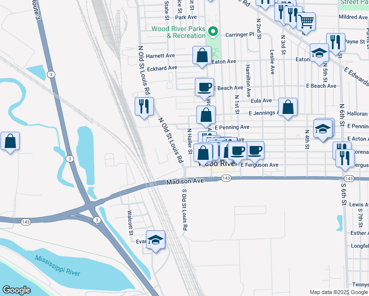 map of restaurants, bars, coffee shops, grocery stores, and more near 126 North Haller Street in Wood River