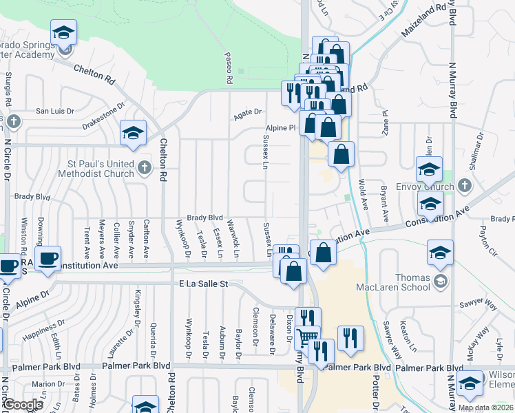 map of restaurants, bars, coffee shops, grocery stores, and more near 3630 Brady Boulevard in Colorado Springs