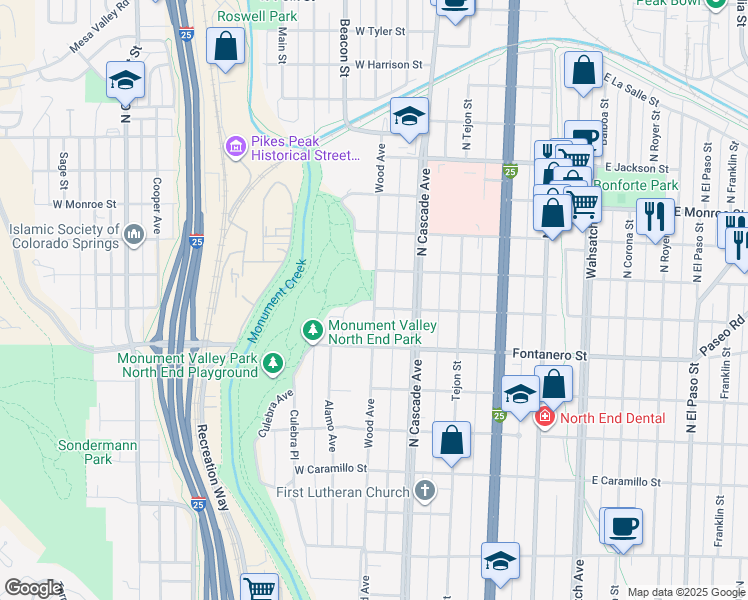 map of restaurants, bars, coffee shops, grocery stores, and more near Wood Avenue in Colorado Springs