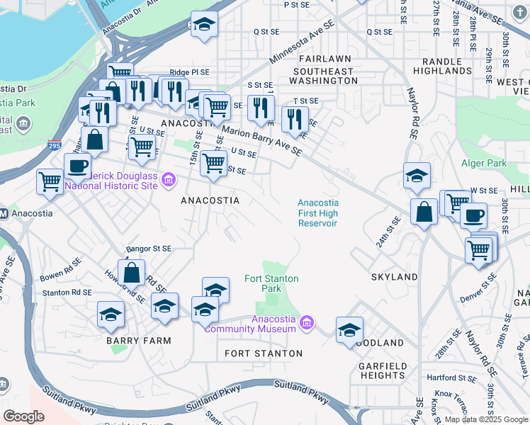 map of restaurants, bars, coffee shops, grocery stores, and more near 1753 West Street Southeast in Washington