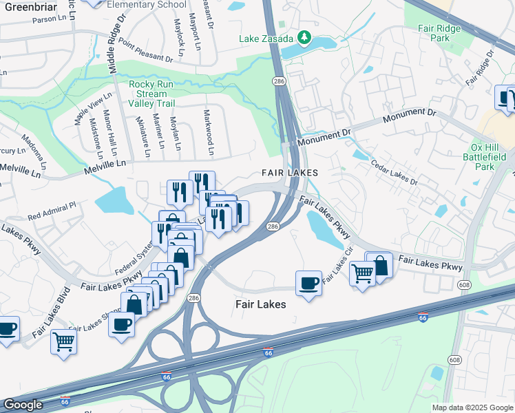 map of restaurants, bars, coffee shops, grocery stores, and more near 12815 Fair Lakes Parkway in Fairfax