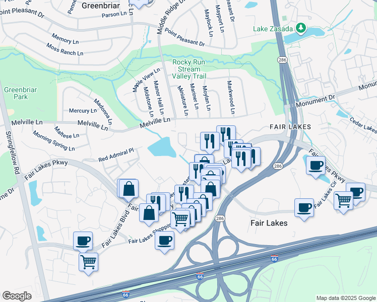 map of restaurants, bars, coffee shops, grocery stores, and more near 12871 Fair Valley Court in Fairfax