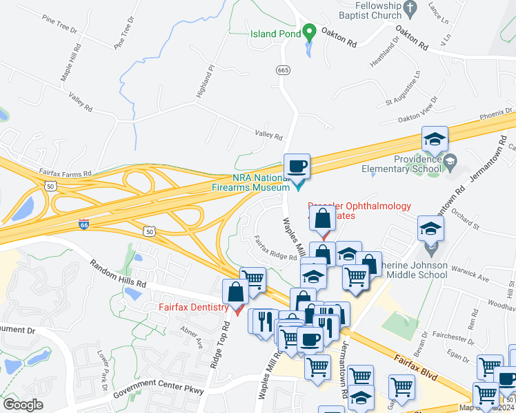 map of restaurants, bars, coffee shops, grocery stores, and more near 11305 Aristotle Drive in Fairfax