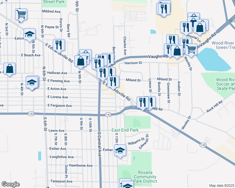 map of restaurants, bars, coffee shops, grocery stores, and more near 1312A East Edwardsville Road in Wood River