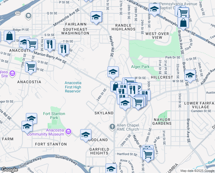 map of restaurants, bars, coffee shops, grocery stores, and more near 2401 Good Hope Road Southeast in Washington