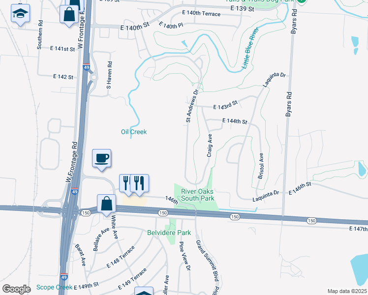 map of restaurants, bars, coffee shops, grocery stores, and more near 14414 Saint Andrews Drive in Grandview
