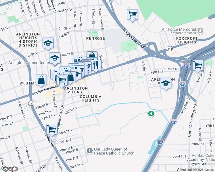 map of restaurants, bars, coffee shops, grocery stores, and more near 1200 South Courthouse Road in Arlington