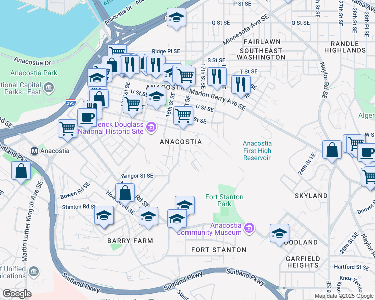 map of restaurants, bars, coffee shops, grocery stores, and more near 2311 Green Street Southeast in Washington