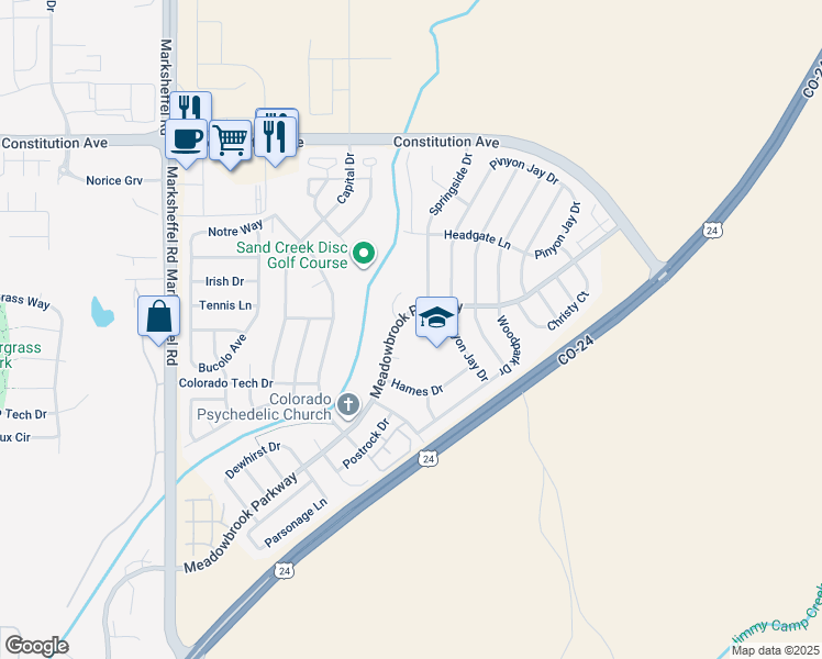 map of restaurants, bars, coffee shops, grocery stores, and more near in Colorado Springs