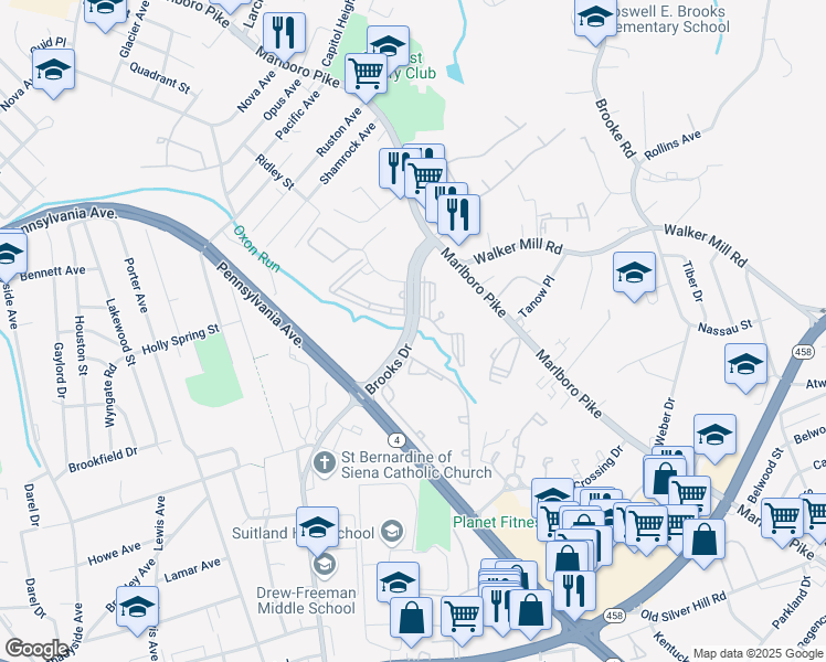 map of restaurants, bars, coffee shops, grocery stores, and more near 2124 Brooks Drive in District Heights