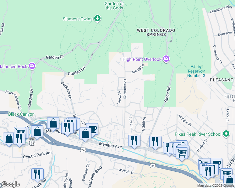 map of restaurants, bars, coffee shops, grocery stores, and more near 414 Laurel Street in Colorado Springs