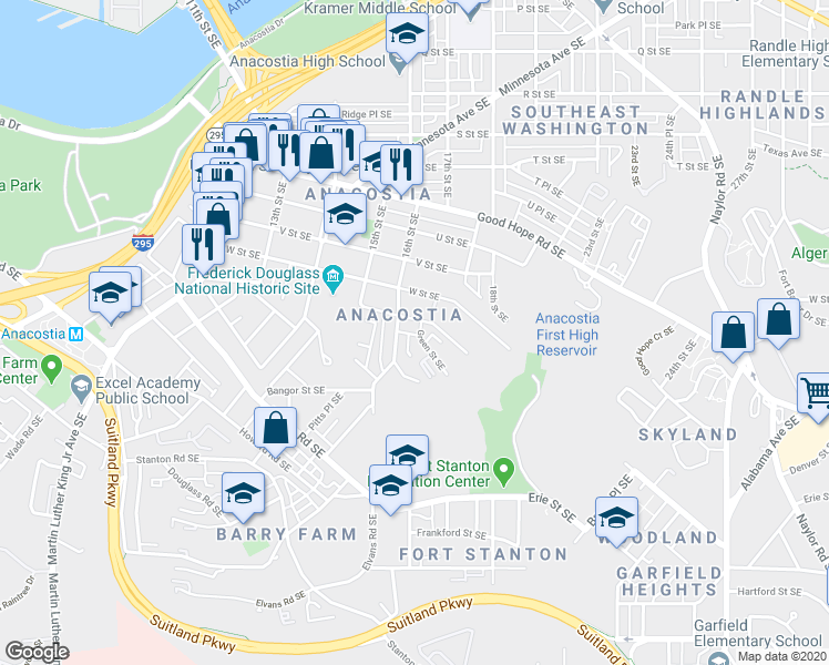 map of restaurants, bars, coffee shops, grocery stores, and more near 2311 Green Street Southeast in Washington