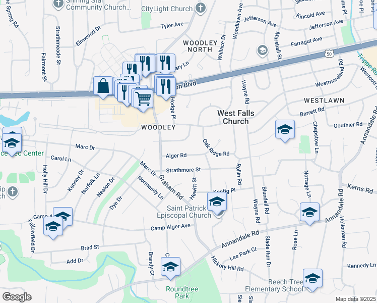 map of restaurants, bars, coffee shops, grocery stores, and more near 7126 Alger Road in Falls Church