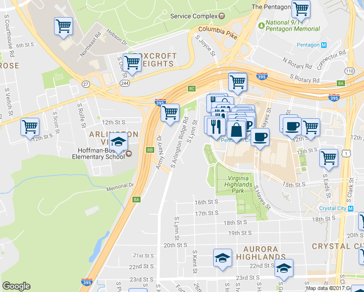 map of restaurants, bars, coffee shops, grocery stores, and more near 1301 South Arlington Ridge Road in Arlington
