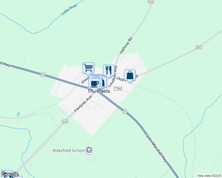 map of restaurants, bars, coffee shops, grocery stores, and more near 6315 Lee Street in The Plains