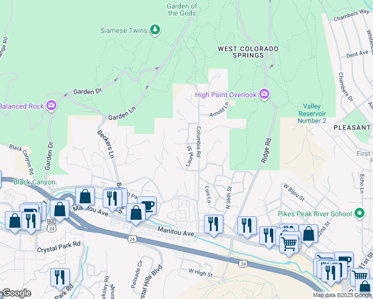 map of restaurants, bars, coffee shops, grocery stores, and more near 414 Laurel Street in Colorado Springs