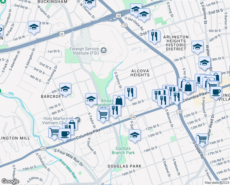 map of restaurants, bars, coffee shops, grocery stores, and more near 5100 7th Street South in Arlington