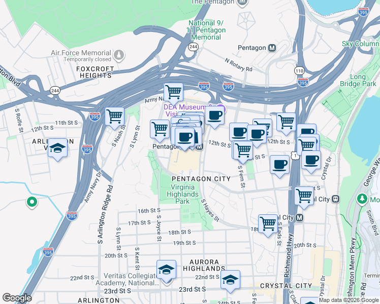 map of restaurants, bars, coffee shops, grocery stores, and more near 1400 South Hayes Street in Arlington