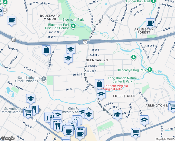 map of restaurants, bars, coffee shops, grocery stores, and more near 5829 5th Street South in Arlington