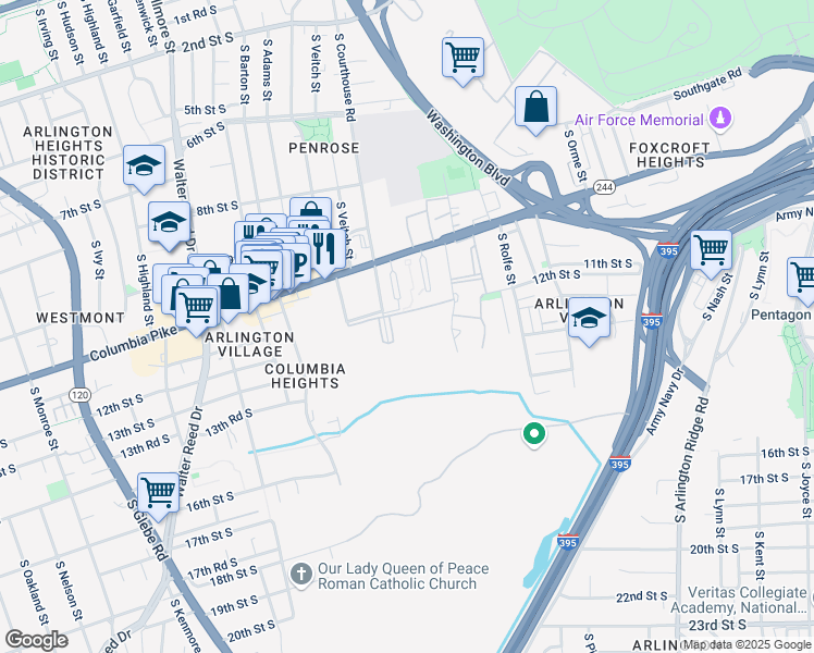 map of restaurants, bars, coffee shops, grocery stores, and more near 1201 South Courthouse Road in Arlington