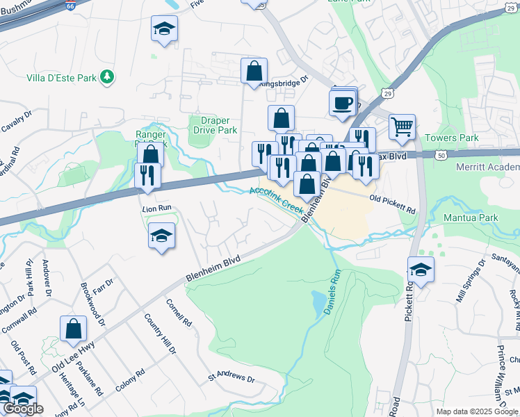 map of restaurants, bars, coffee shops, grocery stores, and more near 9626 Ridge Ave in Fairfax