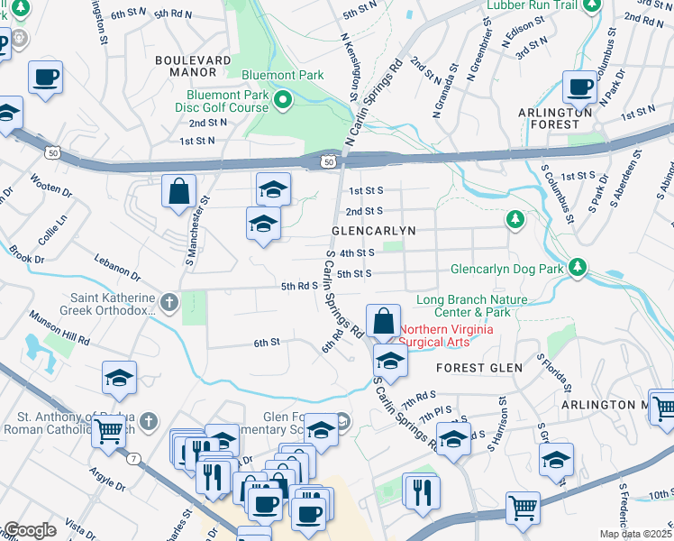 map of restaurants, bars, coffee shops, grocery stores, and more near 5829 5th Street South in Arlington