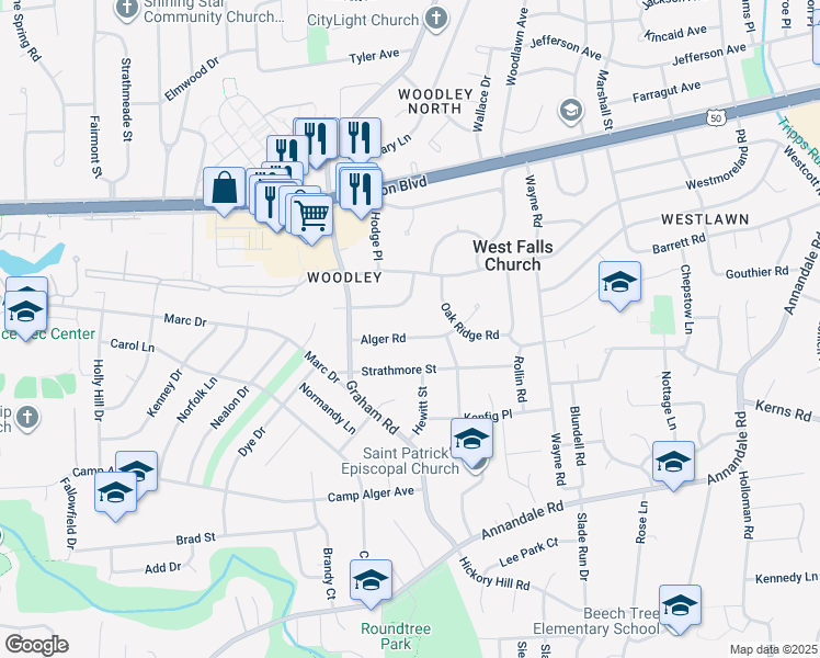 map of restaurants, bars, coffee shops, grocery stores, and more near 7126 Alger Road in Falls Church
