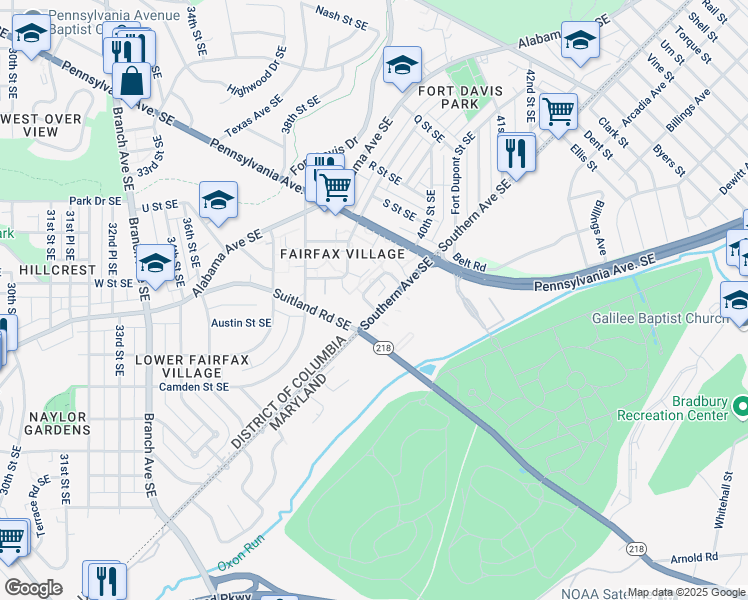 map of restaurants, bars, coffee shops, grocery stores, and more near 2126 Suitland Terrace Southeast in Washington