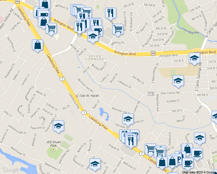 map of restaurants, bars, coffee shops, grocery stores, and more near 6057 Brook Drive in Falls Church