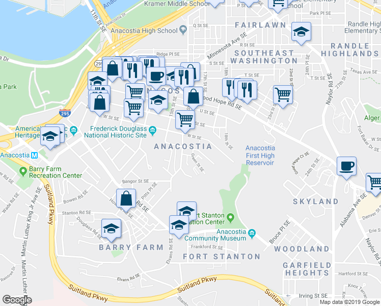 map of restaurants, bars, coffee shops, grocery stores, and more near 2309 Green Street Southeast in Washington
